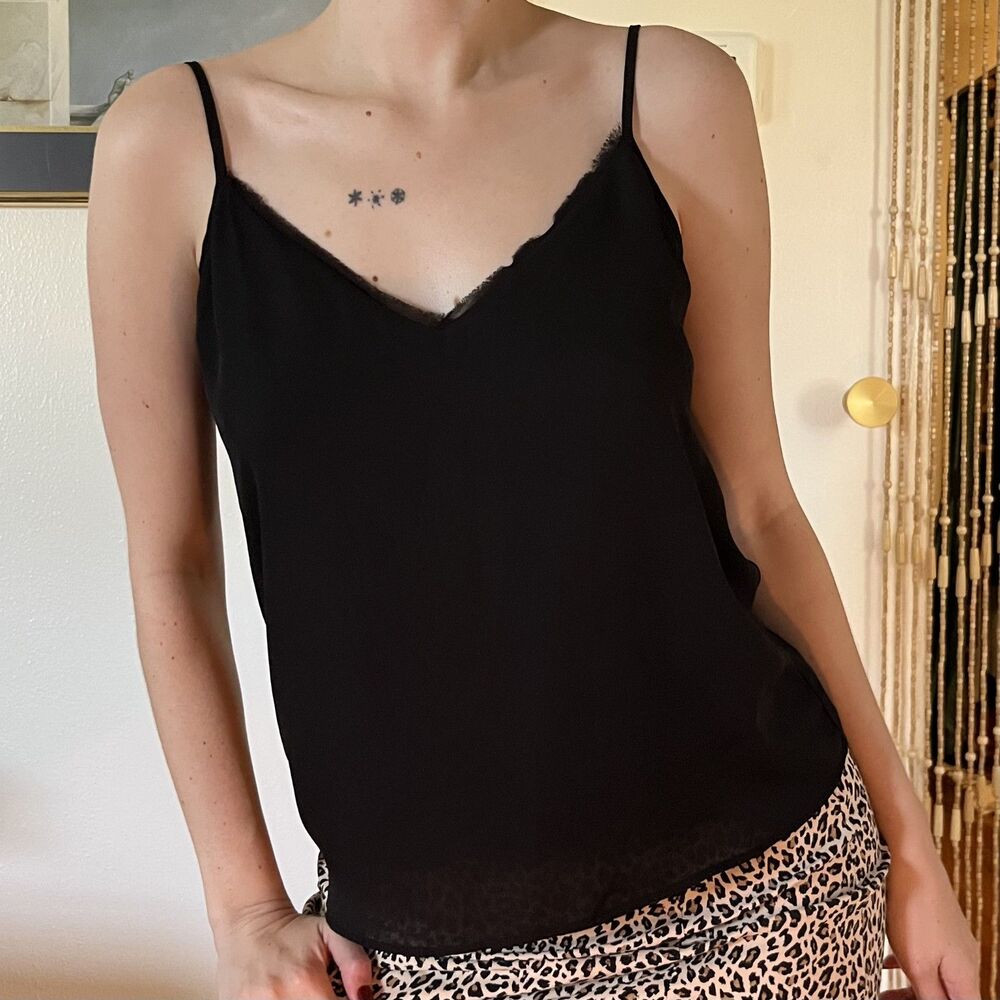 Allison Joy Black Camisole Top Size XS V-Neck Distressed Trim Classic Flirty